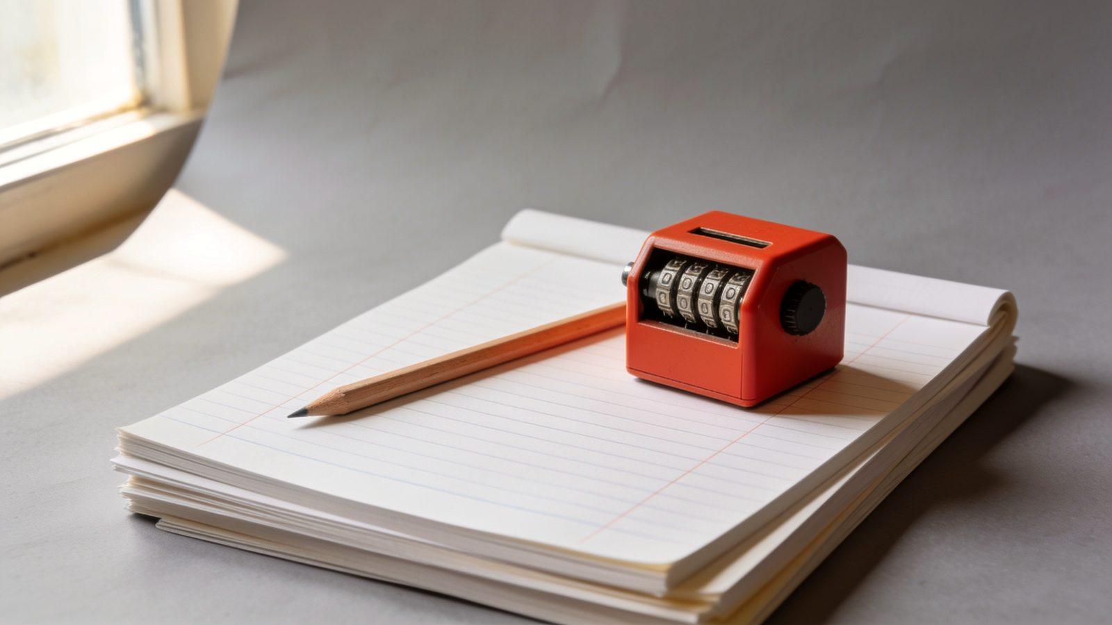 A ruled paper pad with a pencil and a small vermilion tally counter on a desk by a window